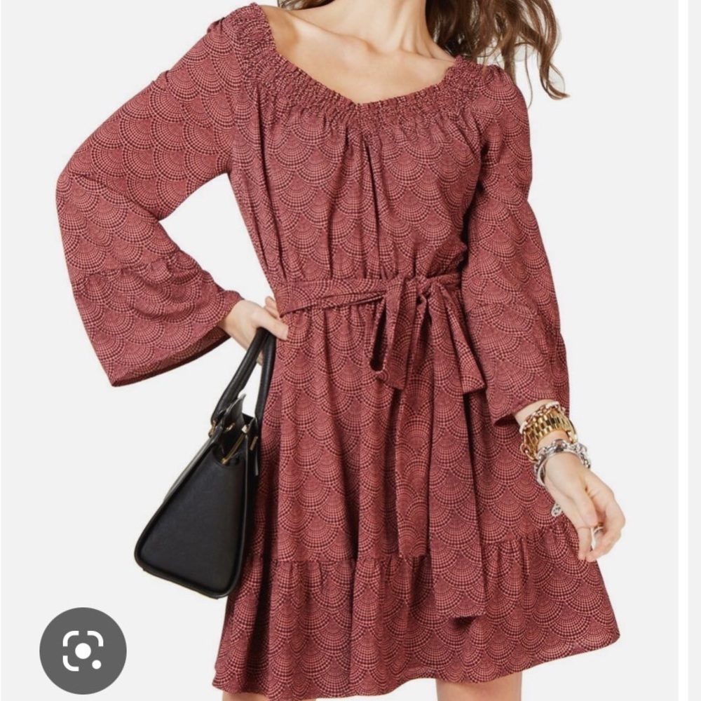 Michael Kors Orange print smoke neck dress in size S.